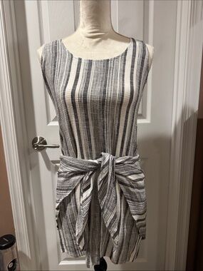 DREW Grey & White Striped Tie-Waist Mini Dress